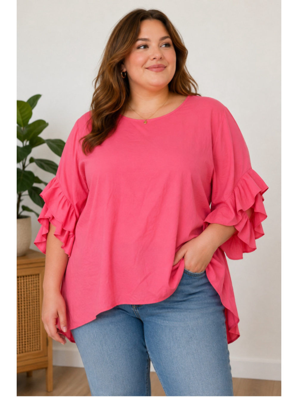 Pink tunic high low hem with ruffle bell sleeves women size 1XL Extra Large NEW